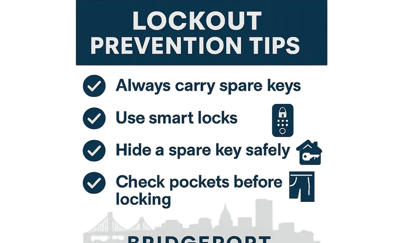 A visually appealing checklist with icons for tips like "hide a spare key," "get a smart lock," and "create a key habit."