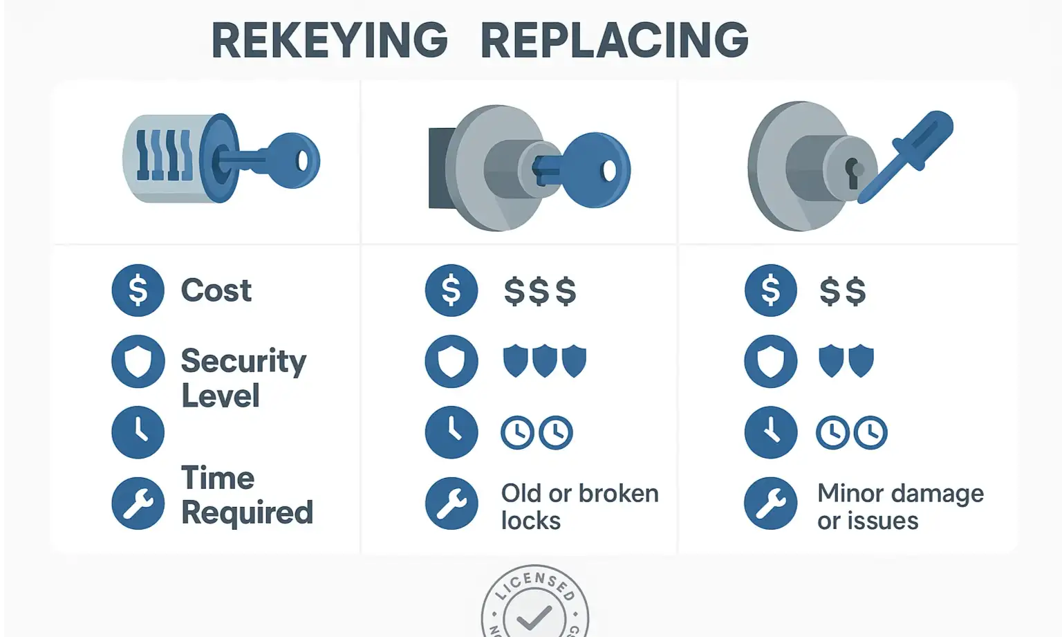 A comparison table showing the differences between rekeying, replacing, and repairing locks, with columns for cost, benefits, and best use cases.