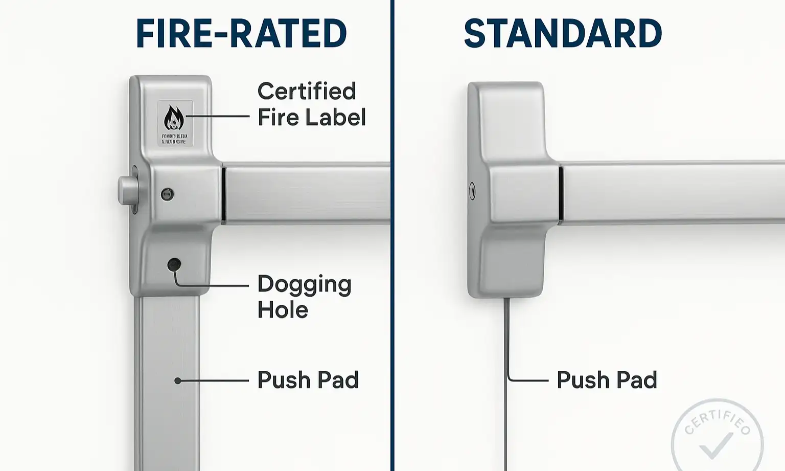 Visual comparison of fire-rated vs non-fire-rated panic bars, highlighting key features and certification labels.