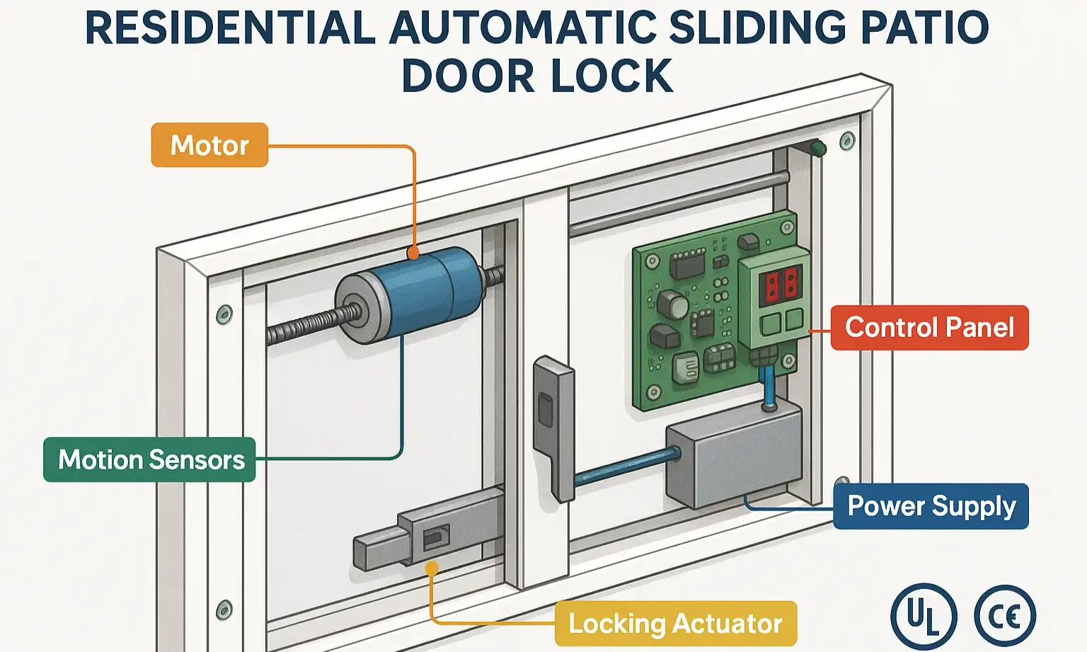 An annotated diagram of an automatic sliding door system, labeling the controller/brain, motor, drive belt, track, and safety sensors.