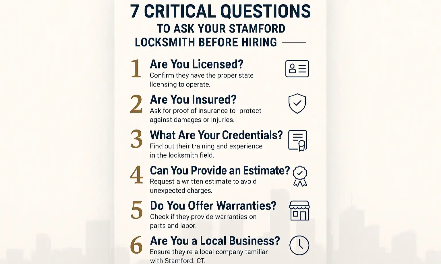 Checklist graphic highlights seven key questions to ask before hiring a locksmith.