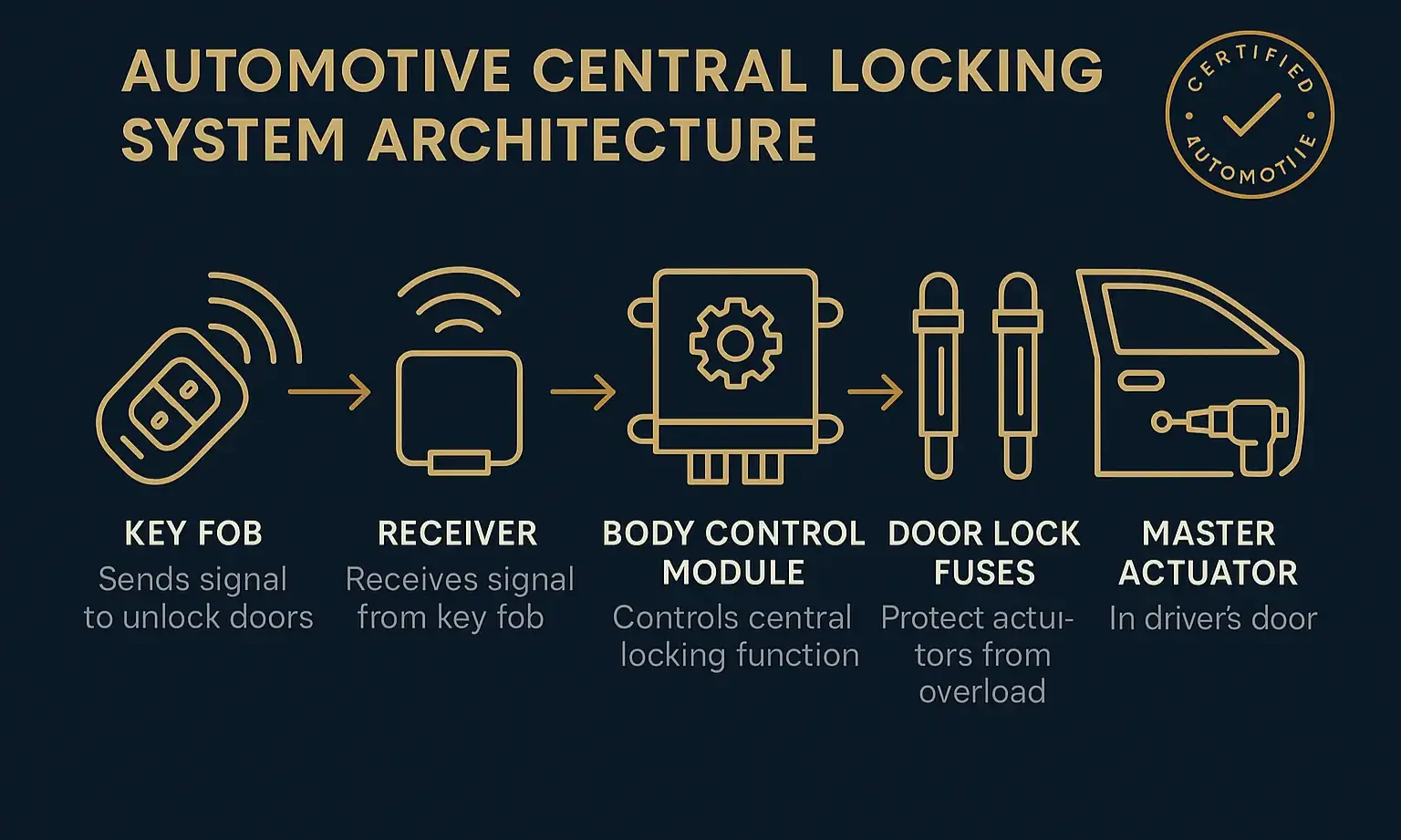 See how central locking components communicate to understand the system behind your door lock issues.