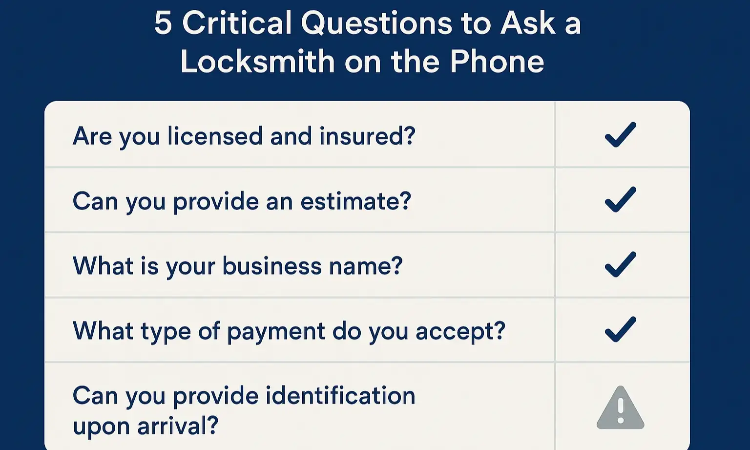 Infographic listing five key questions to ask a locksmith before hiring.