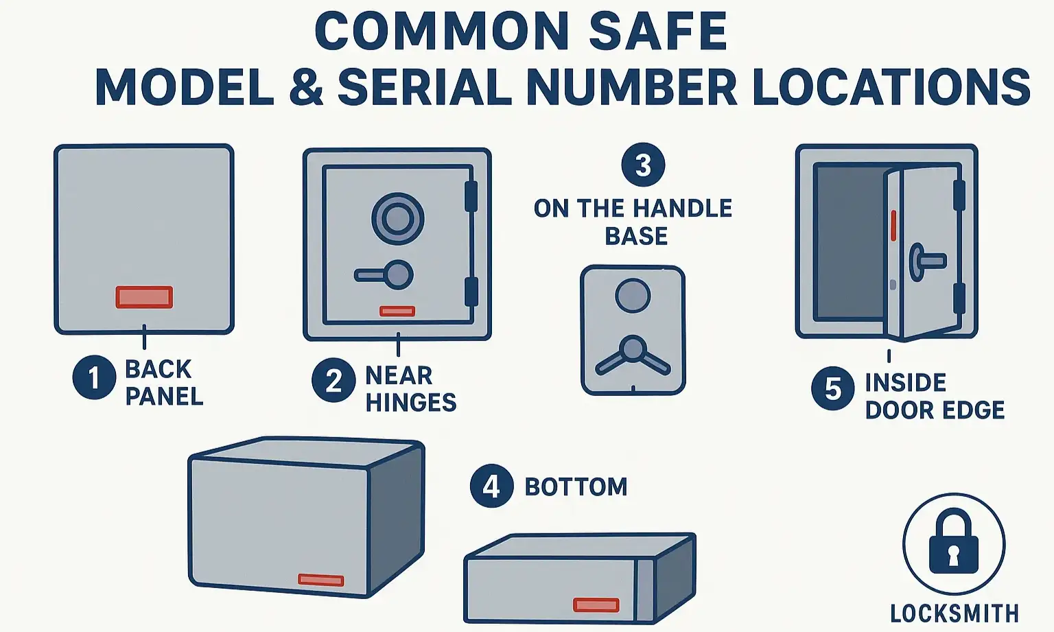 Infographic of a safe showing common serial/model number locations: back, side, hinges, handle, and bottom.
