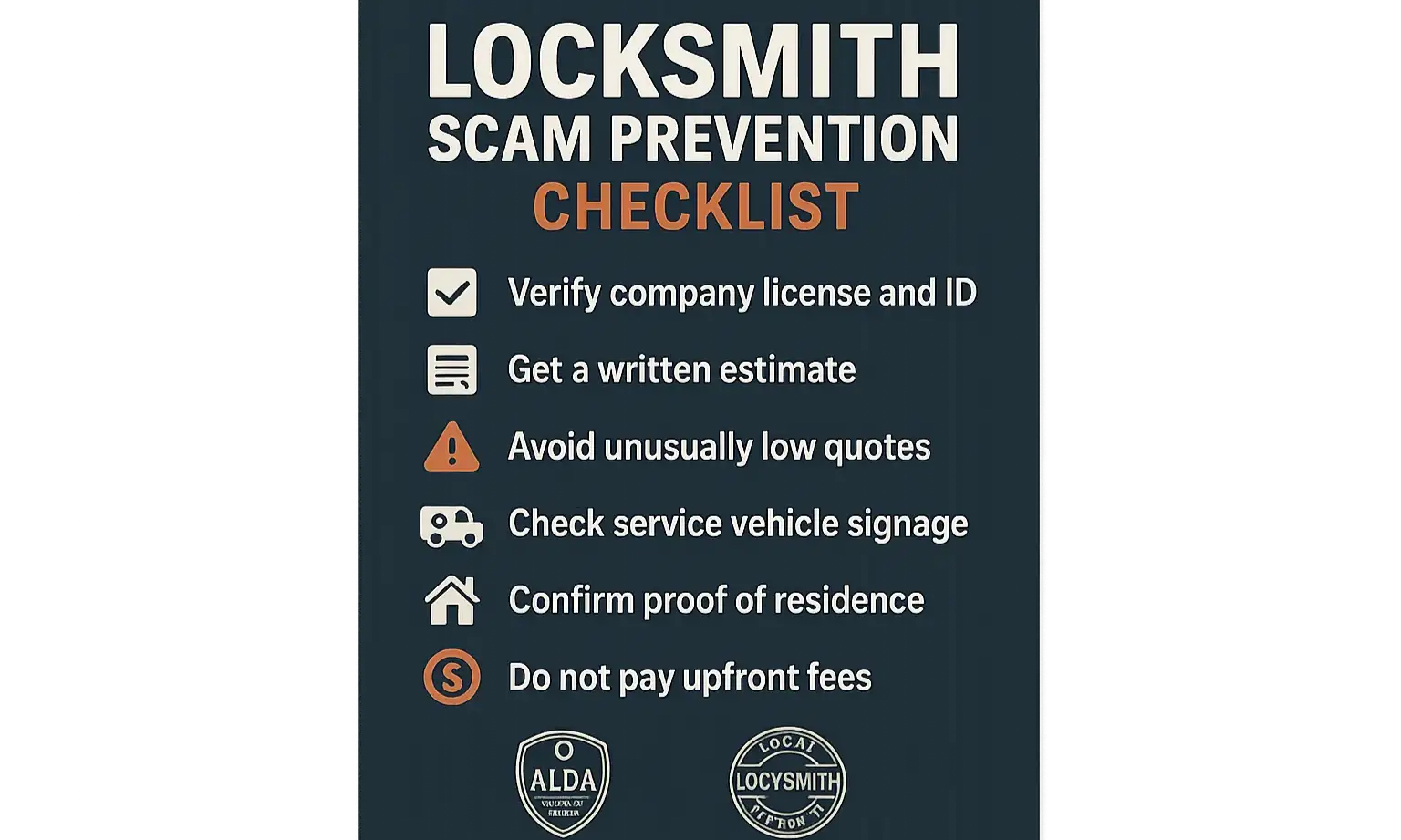 A security-themed graphic displaying a checklist of safety tips for hiring a locksmith, including verifying their business name, asking for a detailed quote, and checking for a marked vehicle upon arrival.