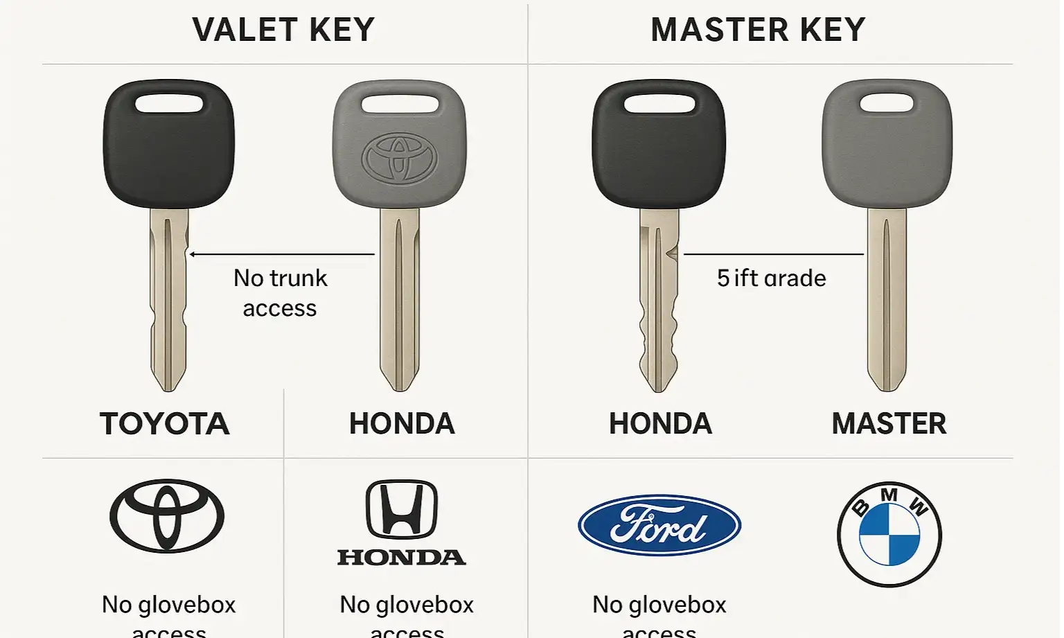 Visual comparison of master vs valet keys across brands to quickly identify full or limited vehicle access.