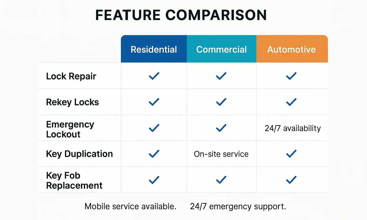 Quickly compare our residential, commercial, and automotive locksmith services to find the best fit for your needs.