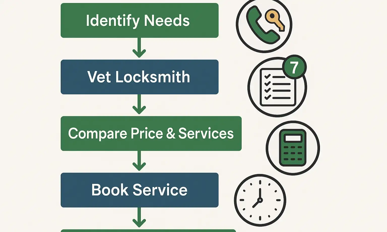 Flowchart shows steps from assessing your lock issue to hiring a vetted locksmith.