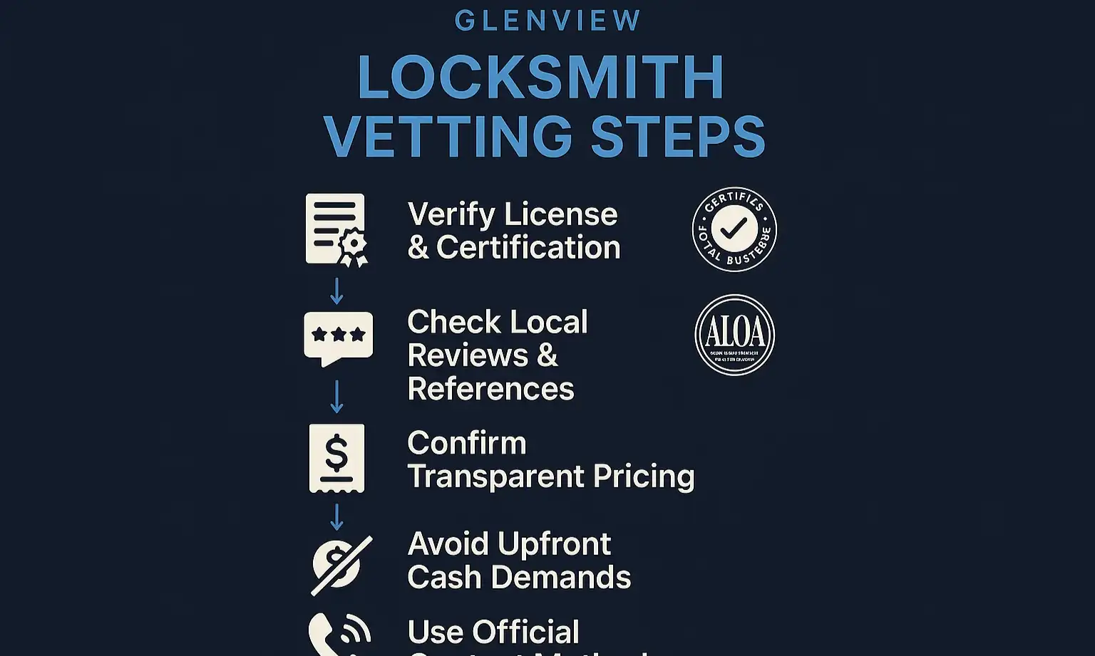 Infographic outlining steps to vet a Glenview locksmith: confirm local address, request a detailed quote, verify a marked van, and check insurance.
