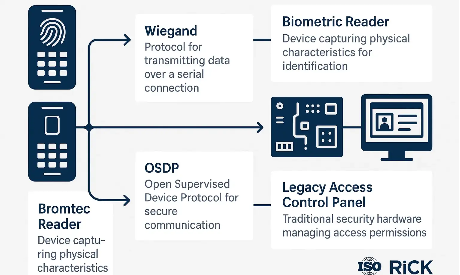 Visual explains secure data flow between biometric readers and control panels to clarify integration reliability.