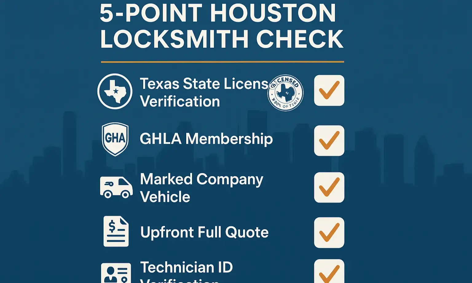 A checklist graphic showing five key points for vetting a locksmith in Houston.