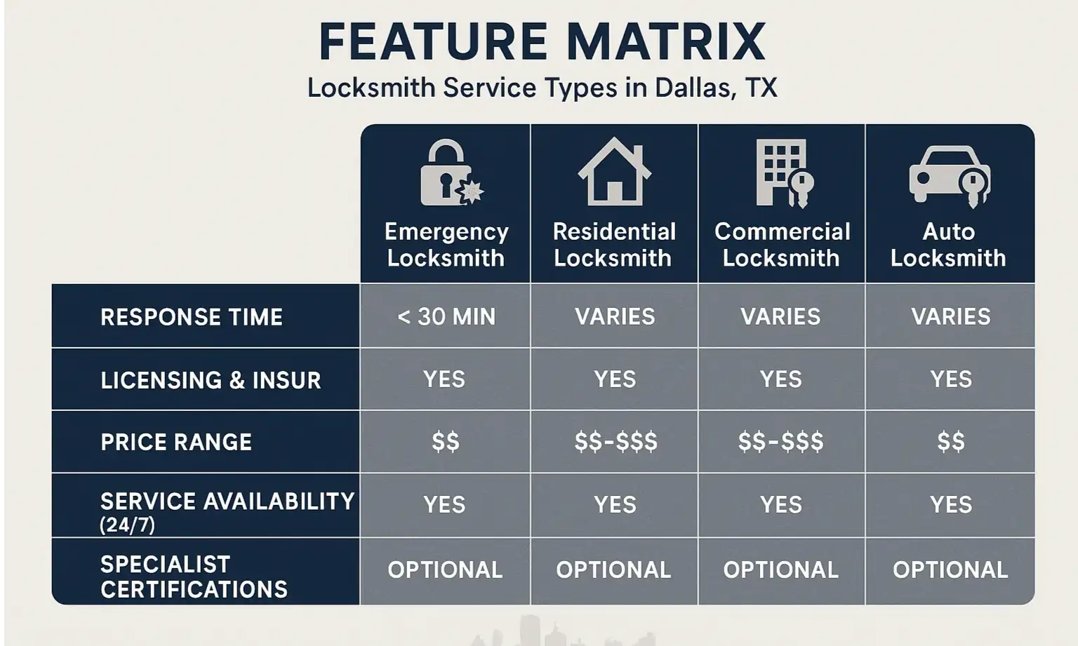 Compare locksmith service specialties at a glance – understand service types, costs, and certifications essential for choosing a trusted Dallas locksmith.