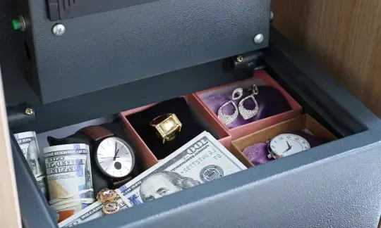 money and jewelry in safe