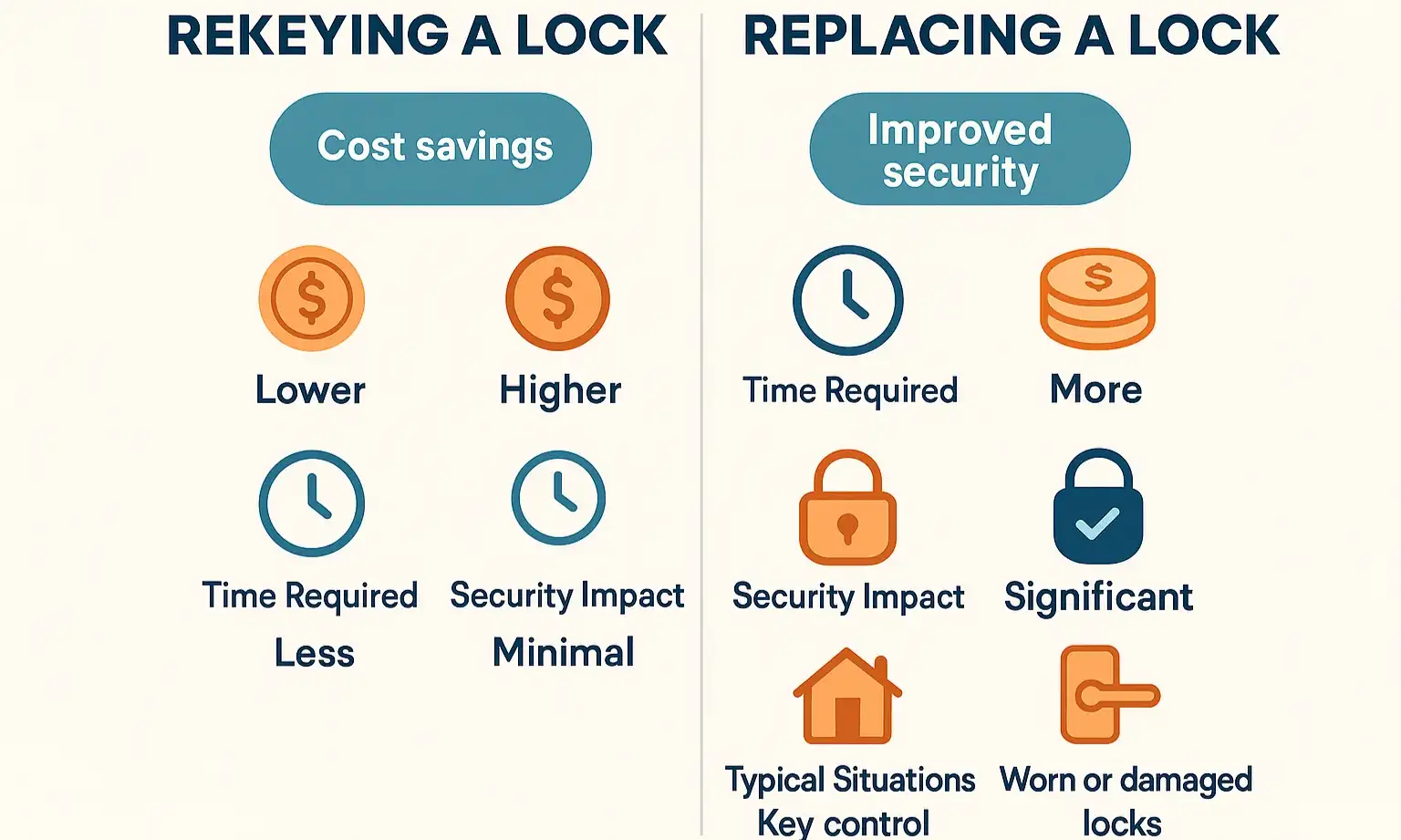 Easily decide whether to rekey or replace your locks with this clear, side-by-side comparison tailored for Sugar Land homeowners.