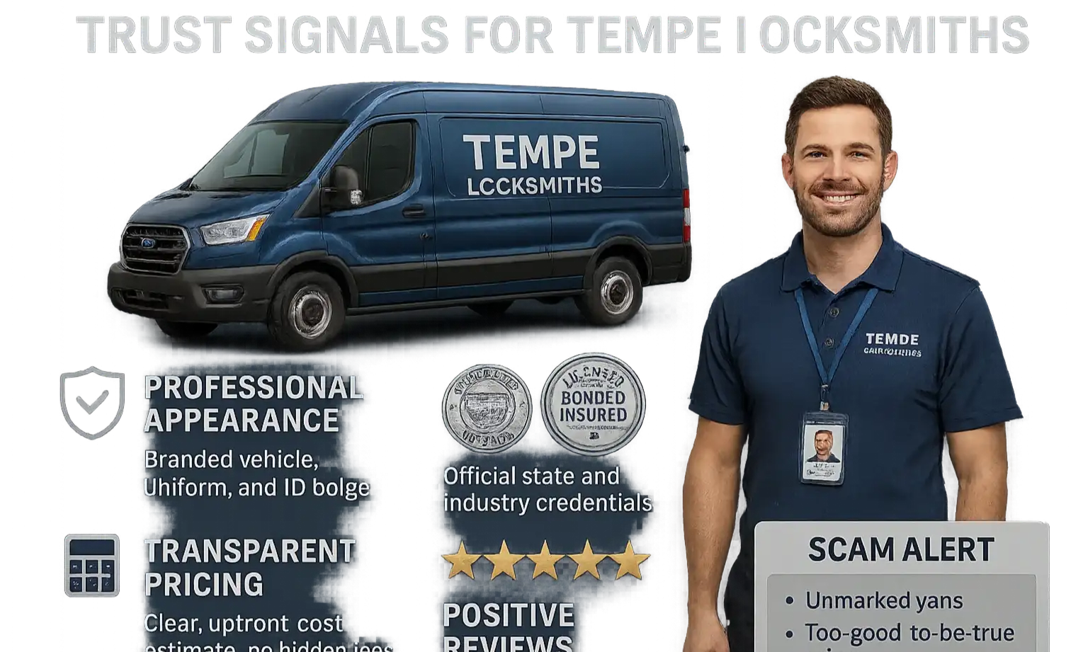 Infographic highlighting four locksmith scam warning signs: generic greetings, unmarked vehicles, no ID, and immediate drilling pressure.