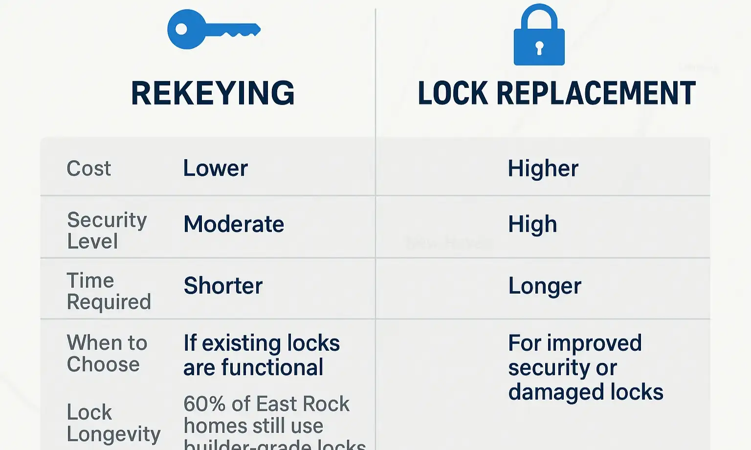 Side-by-side overview showing when rekeying or replacing locks is the smarter security choice for your New Haven property.