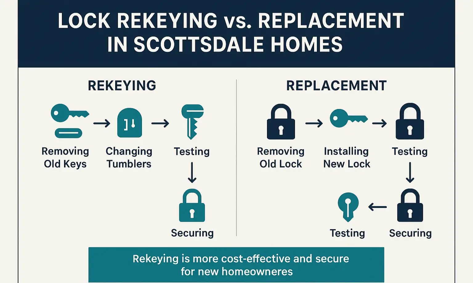 Understand the difference between rekeying and replacing locks to make the best security choice for your Scottsdale home.
