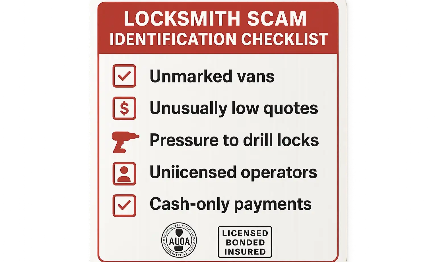 Identify and avoid common locksmith scams — a quick-reference checklist to protect you before, during, and after hiring.