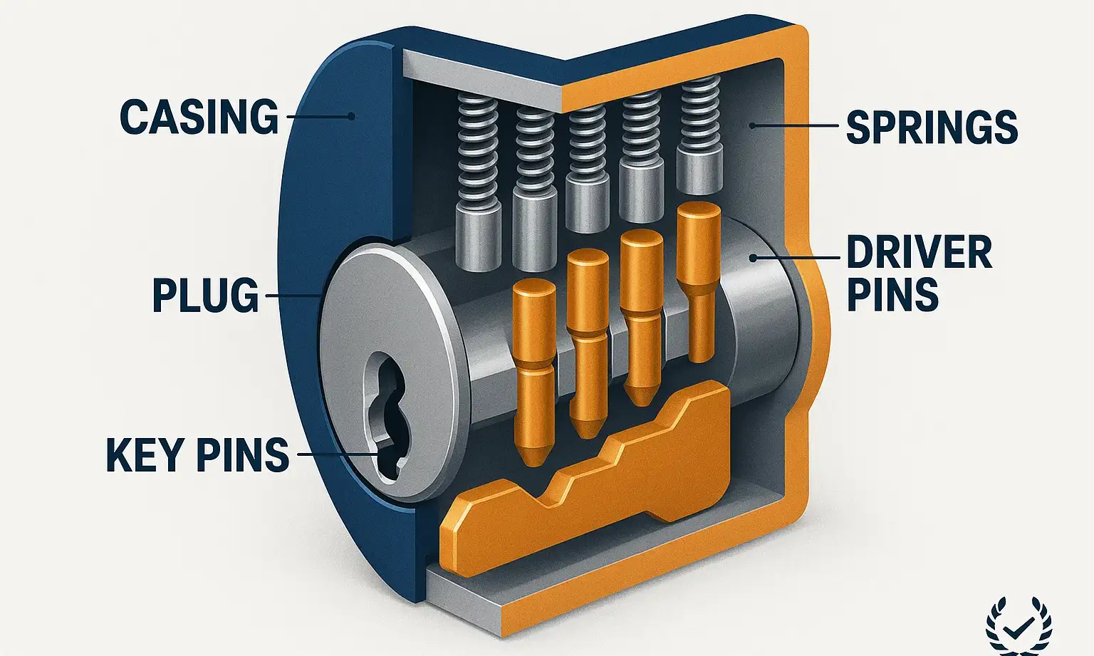 Visual highlights the five key parts of a pin tumbler lock and how the key interacts with them.