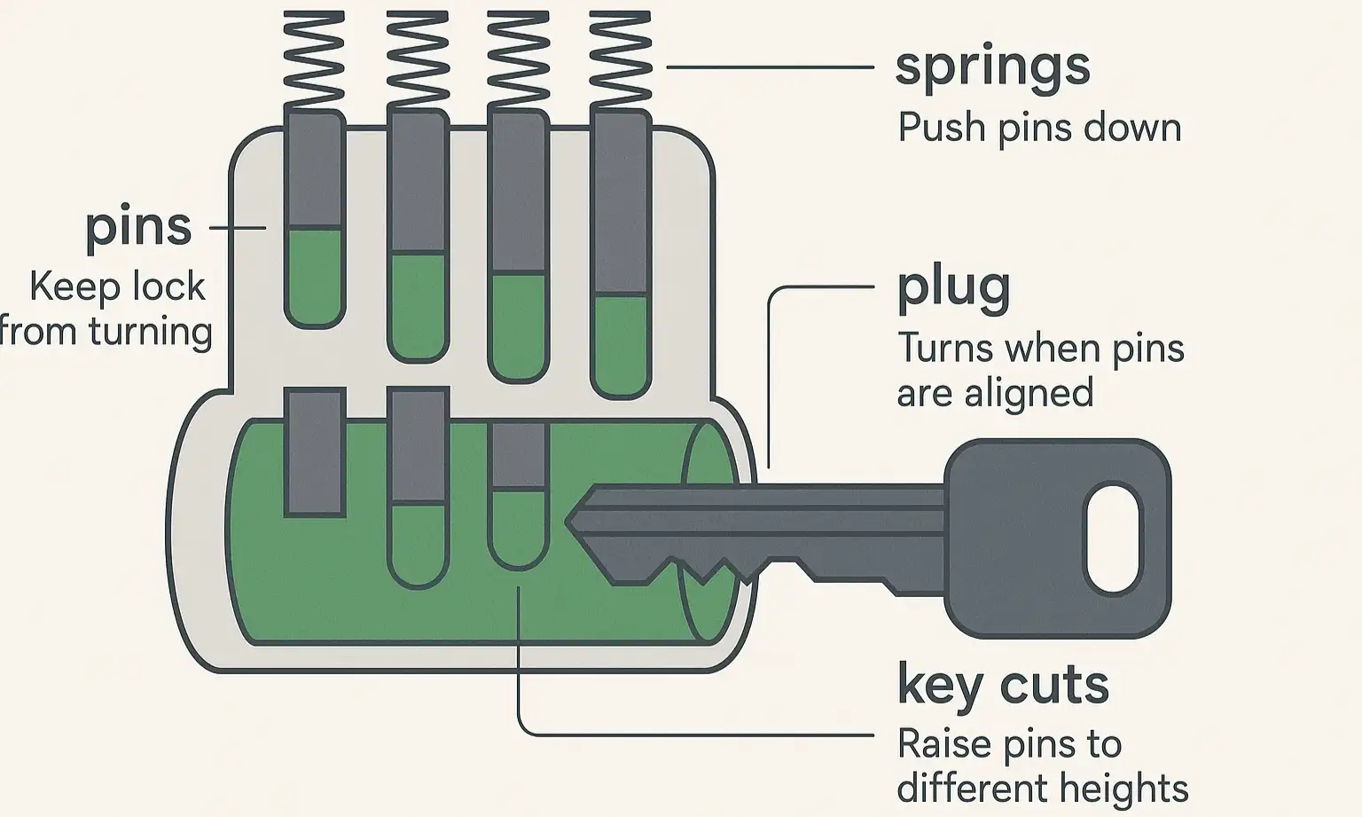 Diagram of a pin-tumbler lock showing the cylinder, pins, and shear line, and how the correct key aligns the pins to turn the lock.