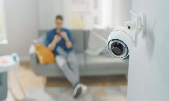 home camera in front of man