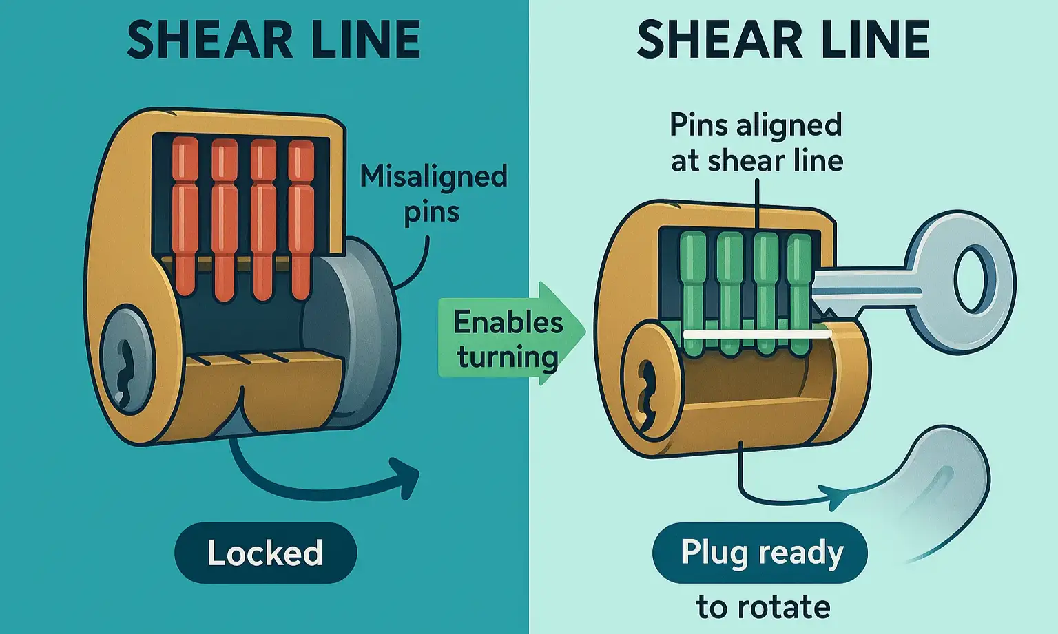 Visualizing the critical shear line alignment that allows your key to turn the lock—understanding this unlocks the mystery of non-destructive entry.