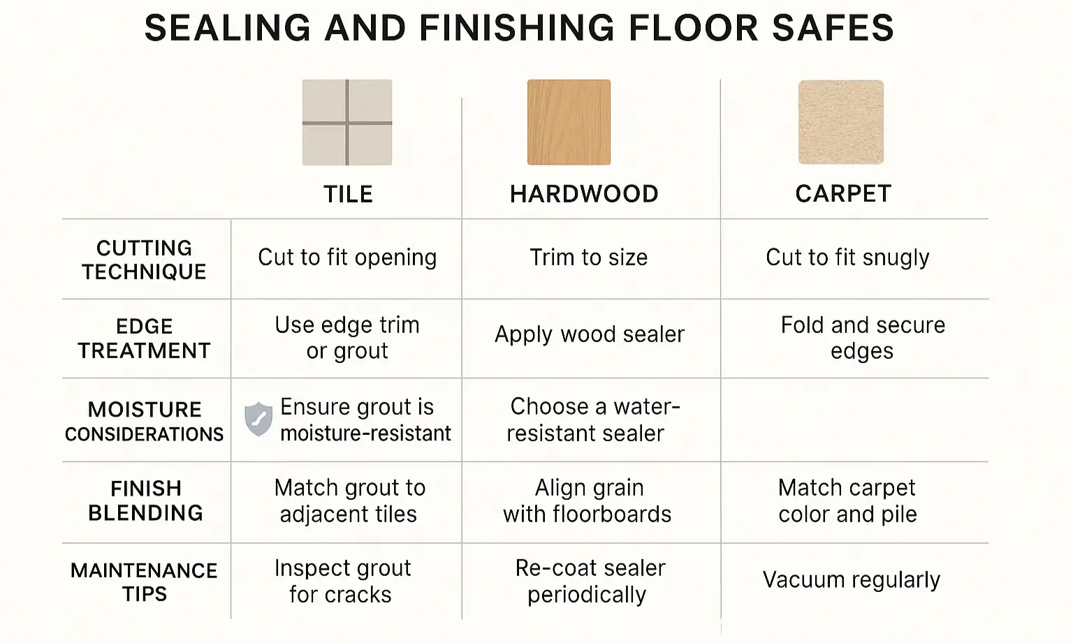 Side-by-side comparison of finishing methods for tile, hardwood, and carpet floor safe covers.