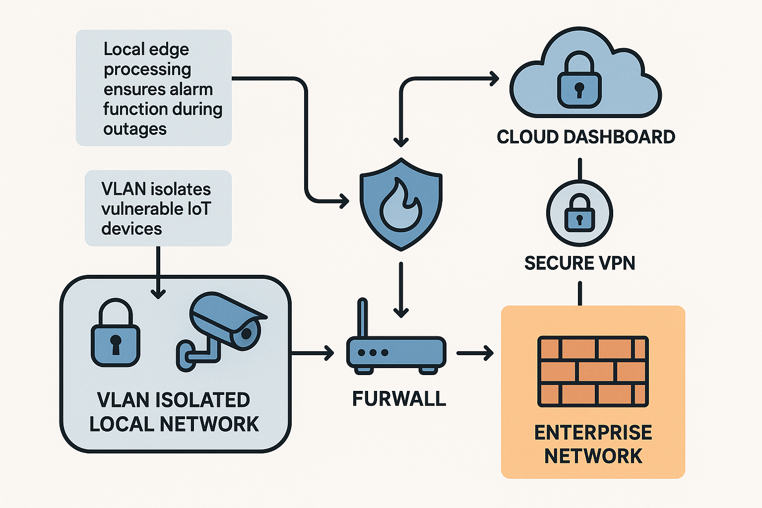 This flowchart breaks down the complex network and security design steps needed to build a robust, cyber-physically hardened integrated security system.
