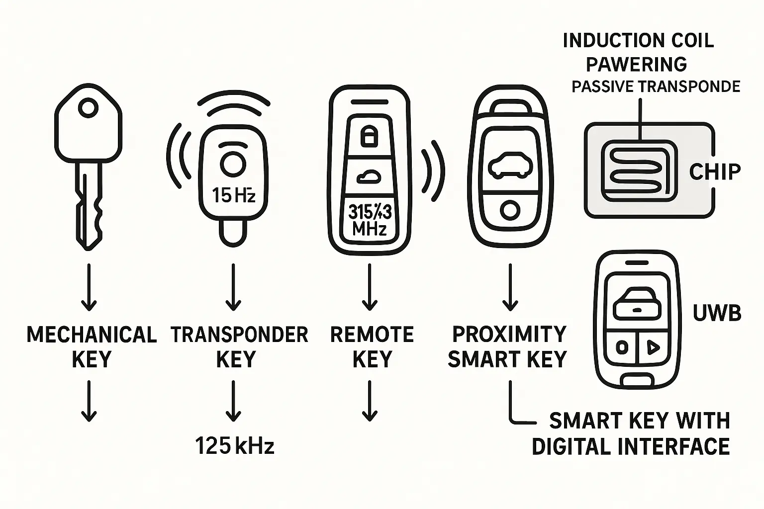 An illustrated taxonomy of modern car key types showing their technology, communication frequencies, and how each functions to unlock and start vehicles.