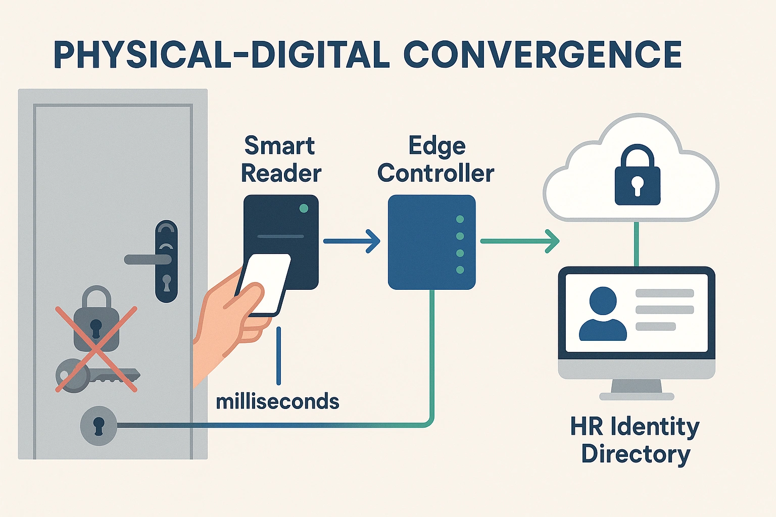 This visual clarifies how modern access control systems integrate physical hardware with cloud-based identity management, transforming traditional door locks into intelligent, AI-powered security gateways.