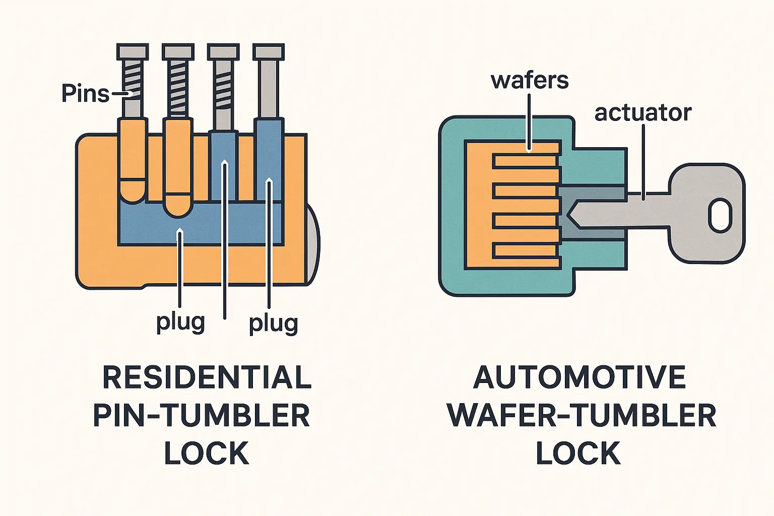 Side-by-side internal view of two common lock types: pin-tumbler for residential doors and wafer-tumbler for automotive locks, illustrating fundamental mechanical differences and failure points.