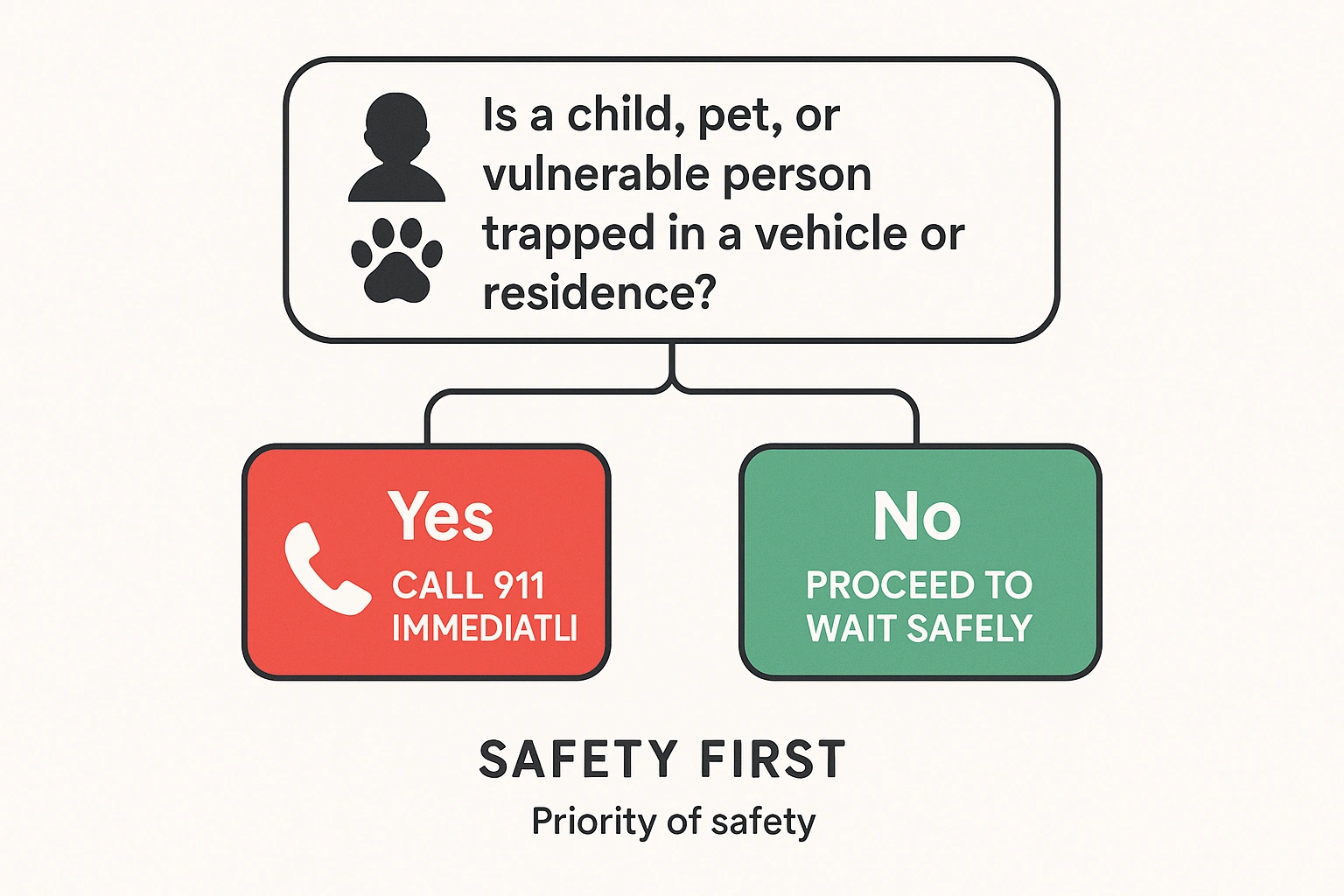 This emergency triage diagram helps readers quickly identify when to call 911 immediately in lockout scenarios involving vulnerable dependents, emphasizing life-saving priority.