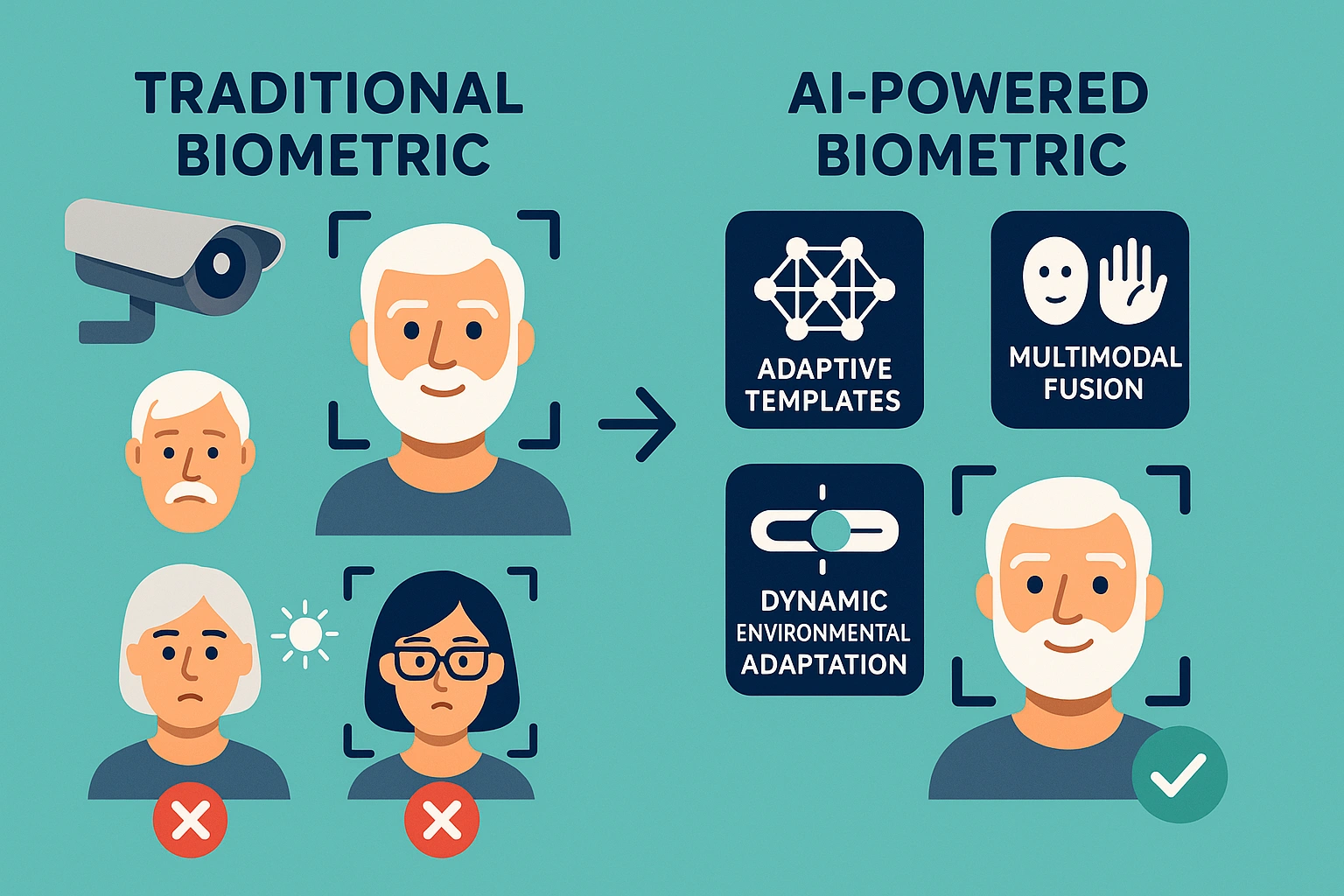 This visual memory aid helps readers quickly recall and compare the strengths and weaknesses of common access control technologies, highlighting why AI biometrics lead in security and ease.