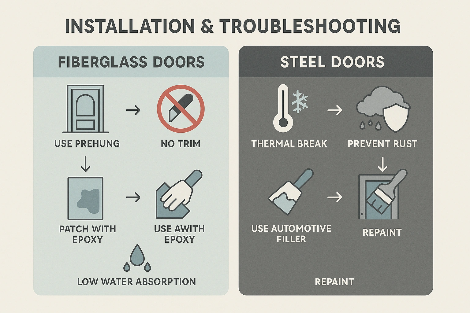 This infographic educates on key installation constraints and maintenance protocols for fiberglass versus steel doors, helping users avoid common pitfalls and extend door lifespan.