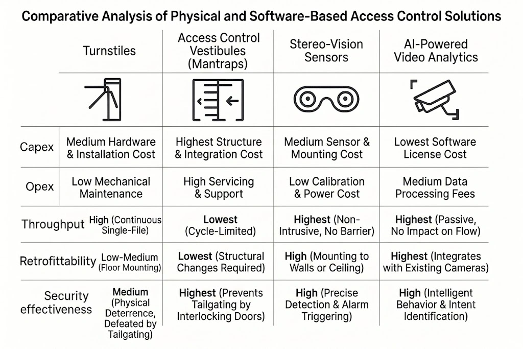This diagram educates readers on the pros and cons of various physical security technologies, enabling informed evaluation of hardware versus AI software solutions.