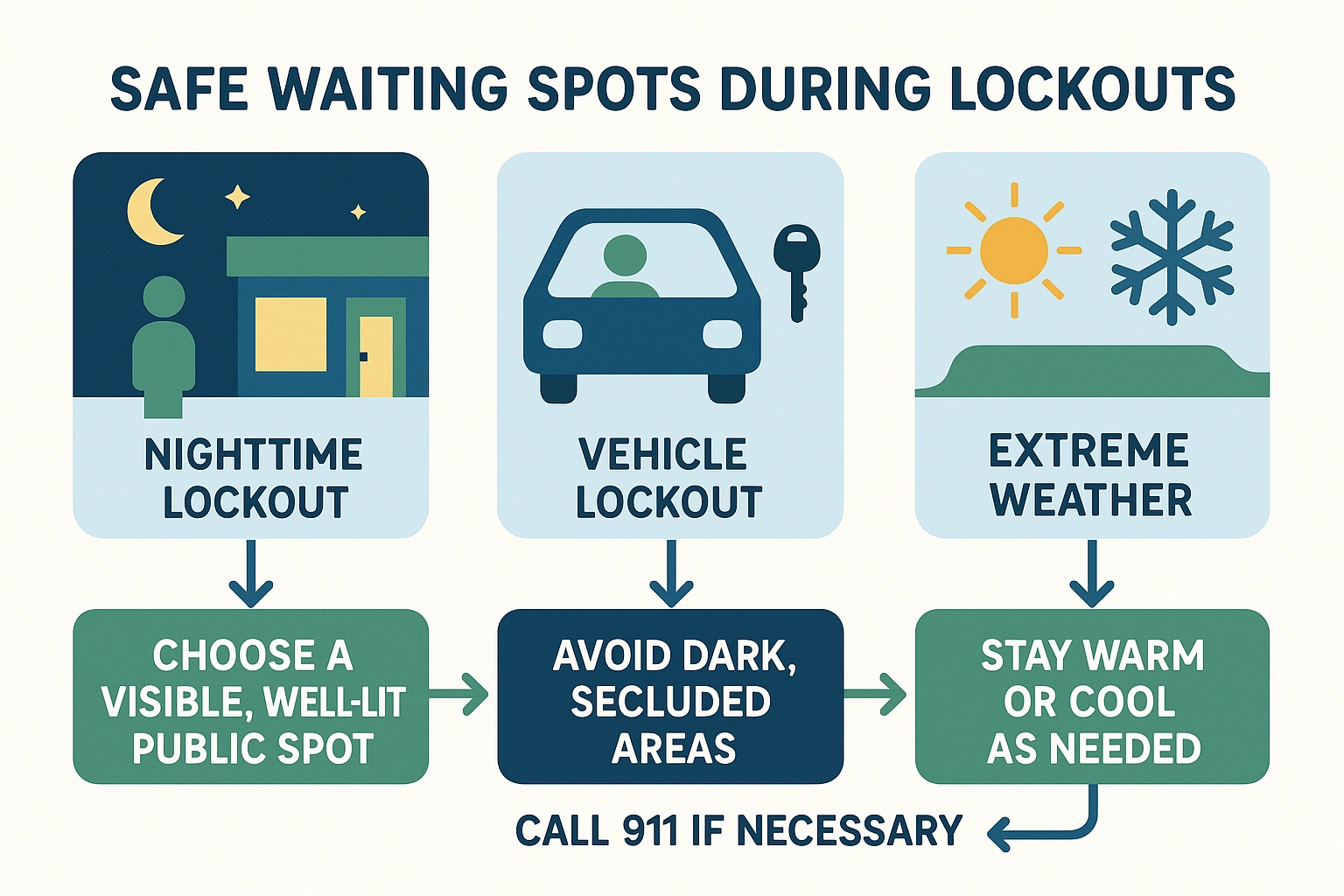 This infographic guides readers through safe locations and protective behaviors to maintain personal safety during lockouts, including how to handle adverse weather while waiting.