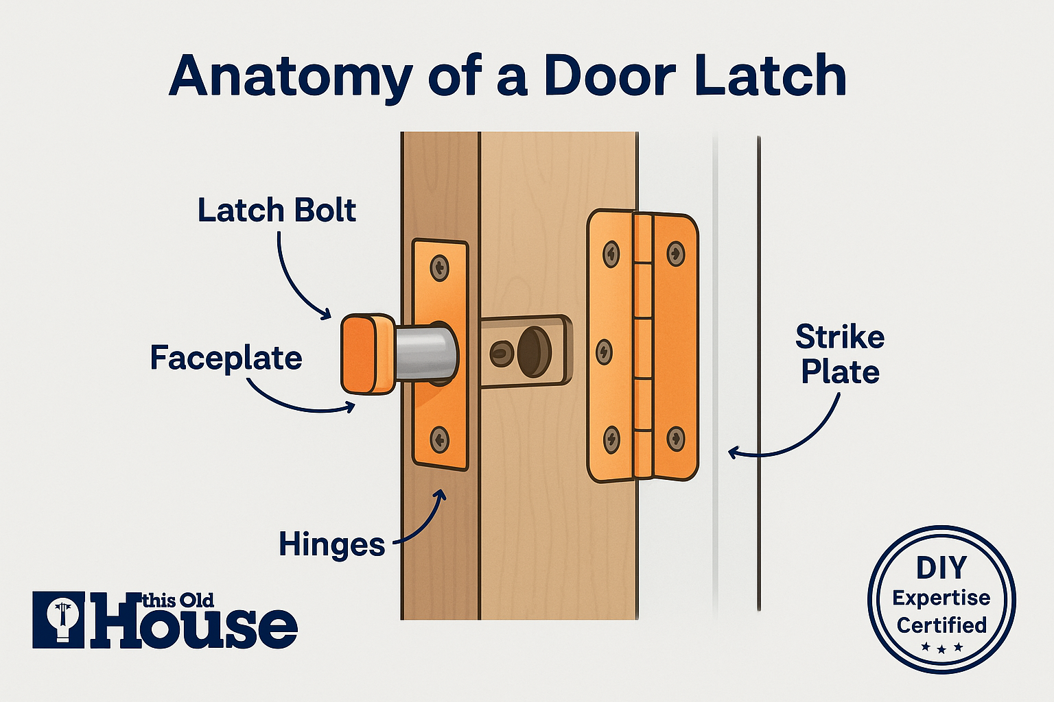 A labeled diagram showing the main parts of a door latch mechanism, including the latch bolt, faceplate, strike plate, and hinges.