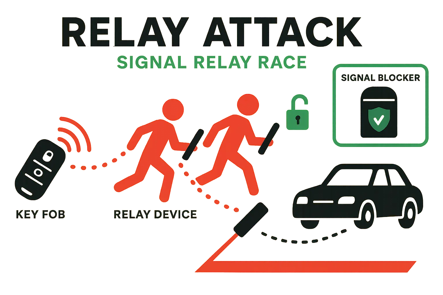 A vivid visual metaphor explaining how relay attacks hijack key fob signals and how Faraday cages or RFID-blocking pouches protect vehicles from such theft methods.
