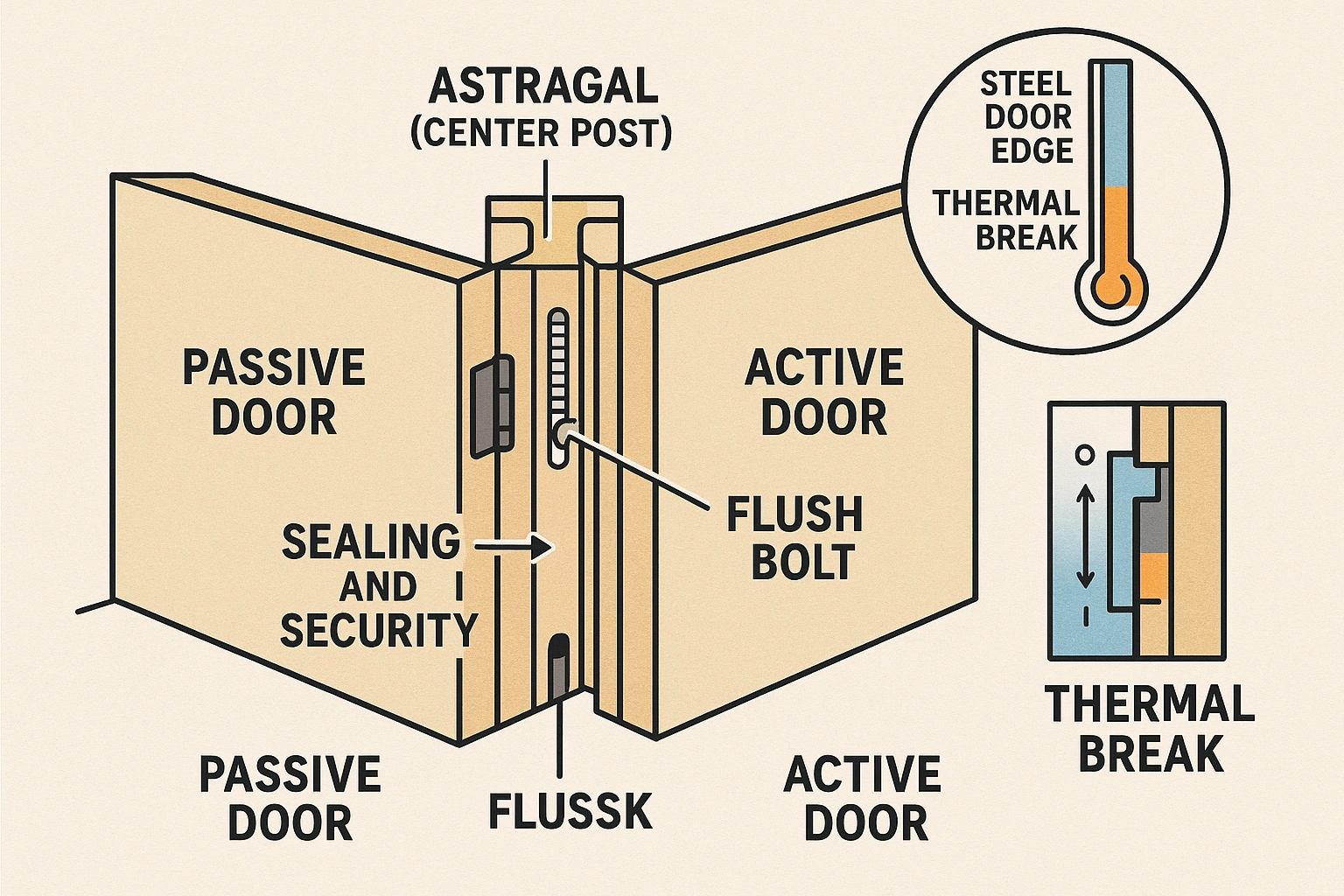 This diagram anchors understanding of double door mechanical features and thermal break technology, making complex concepts tangible and memorable.