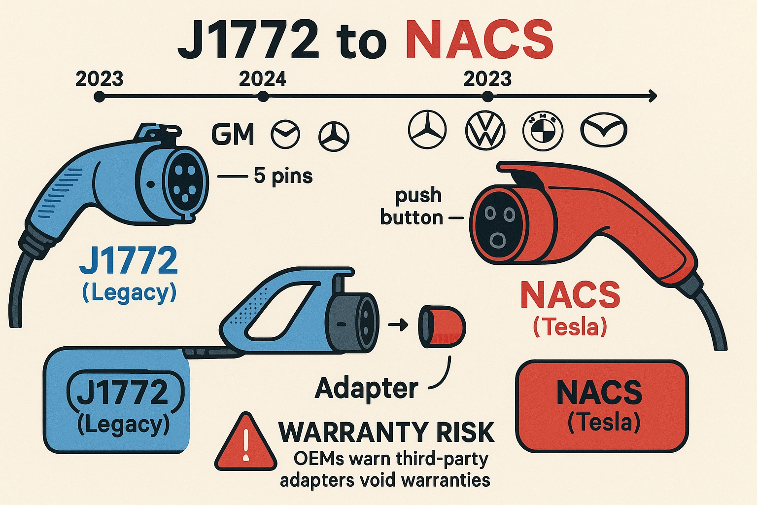 This infographic acts as a visual memory anchor, clarifying the differences between J1772 and NACS connectors, the timeline of their adoption, and critical warranty risks involved with third-party adapters, aiding confident charger compatibility decisions.