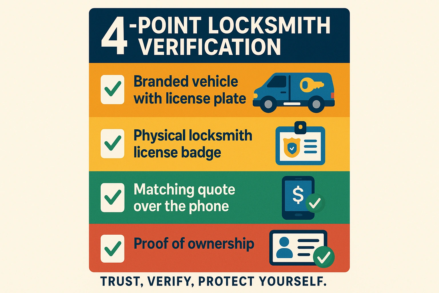 This checklist visually anchors the essential steps for verifying locksmith service legitimacy, empowering readers to avoid scams and ensure safe entry assistance.