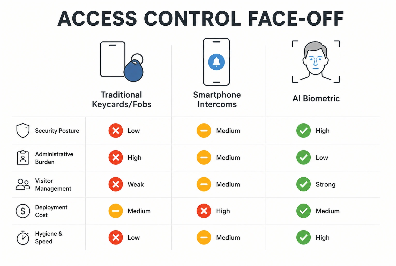 This image clarifies how AI technologies upgrade traditional biometrics by adapting to user changes and environmental challenges, dramatically reducing access denial errors.