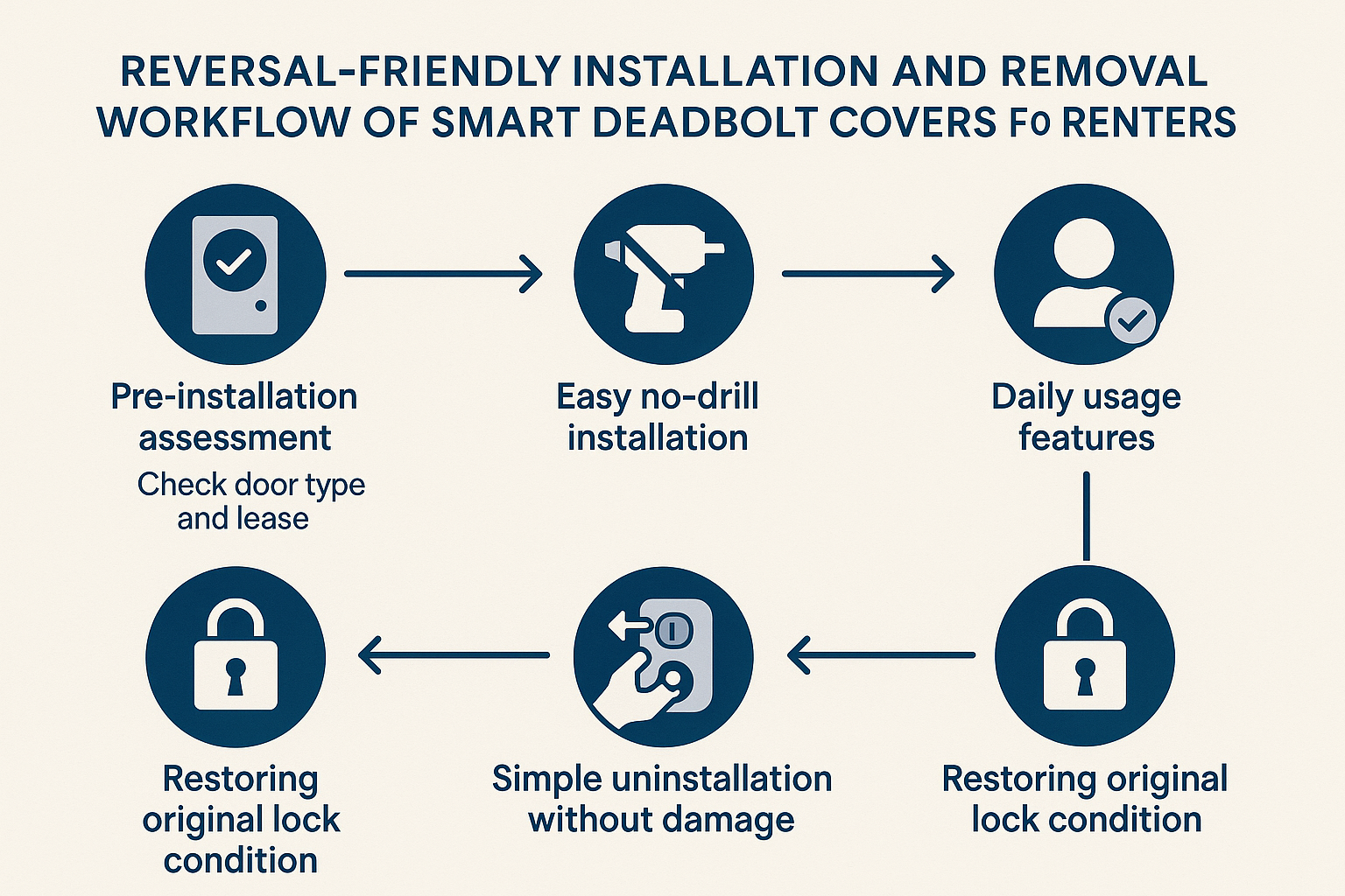 This process diagram demonstrates our expertise in renter-centric smart lock solutions, emphasizing reversible installation and damage-free removal to build landlord trust and renter confidence.
