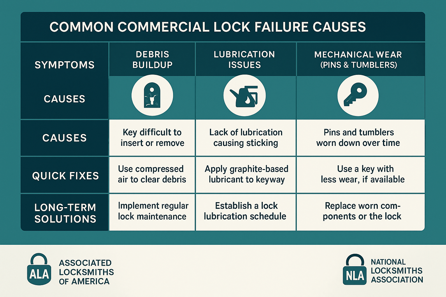 A clear visualization of how internal tumblers and pins deteriorate from heavy commercial use, leading to lock failure. This image helps facility managers and locksmiths understand the mechanical root cause beyond common quick fixes.