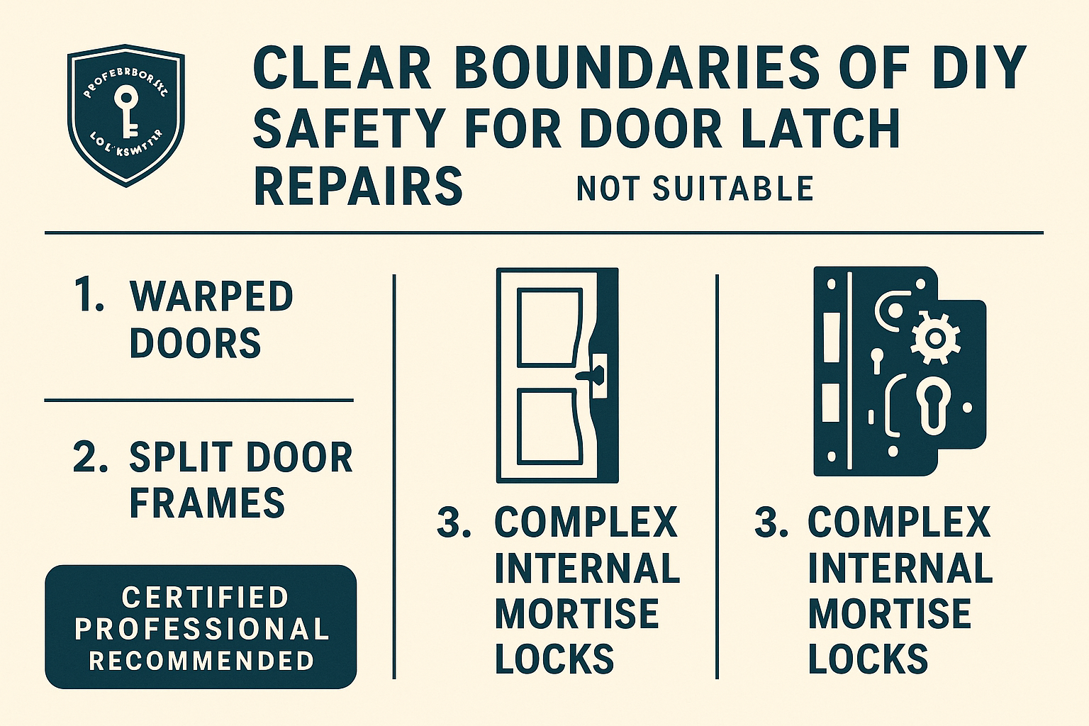 A four-panel image showing the steps to replace a latch bolt and strike plate: measuring the backset, unscrewing the old latch, sliding in the new latch, and screwing on the new strike plate.