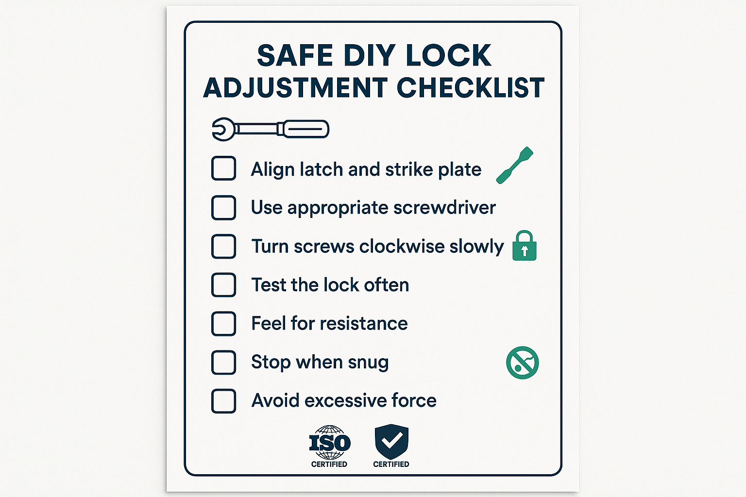A visually appealing checklist graphic with icons for each step: using the correct screwdriver, the "two-finger" tightening technique, alternating screws, and testing the lock's function.