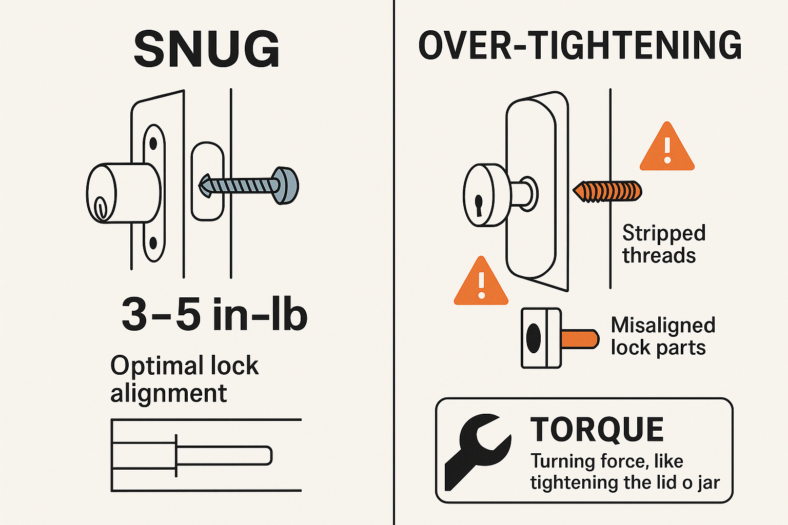 Side-by-side comparison showing a correctly tightened screw flush with the lock plate, and an over-tightened, stripped screw that has damaged the surrounding material.
