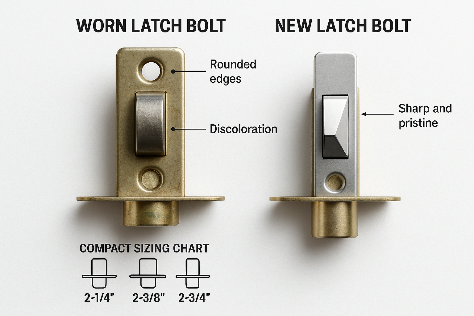 A side-by-side comparison showing a new, sharply angled latch bolt next to an old, worn-down latch bolt with a rounded edge.