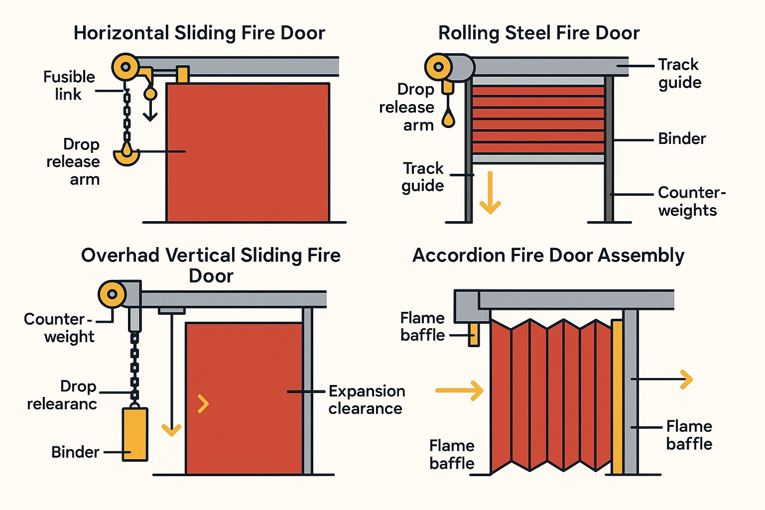 A vivid infographic highlighting typical field failure causes for sliding and rolling fire doors, helping readers easily remember and identify risks that compromise fire door performance.