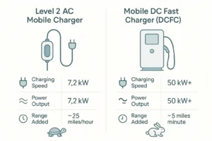 This diagram clarifies the fundamental difference between Level 2 AC mobile chargers and Mobile DC Fast Chargers by visualizing their power outputs and relative charging speeds, helping readers grasp why DC Fast Charging delivers significantly faster range restoration.
